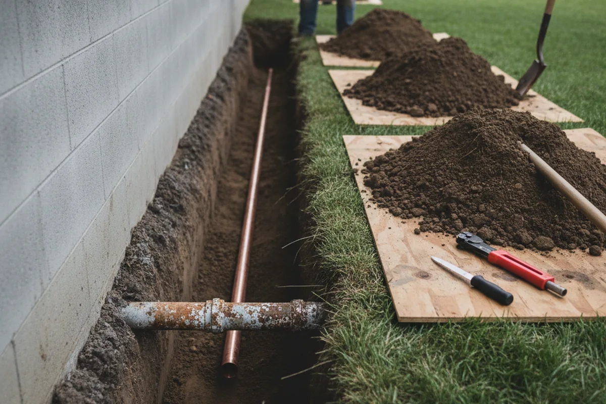Excavated water line trench during Water Softener Installation in Medford